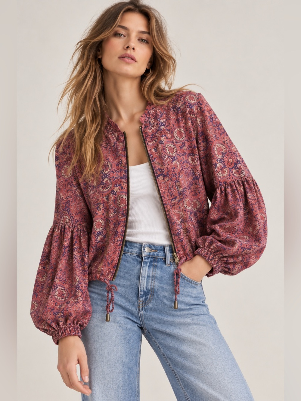 Free People Woven Paisley Bomber Jacket - Rose Multi